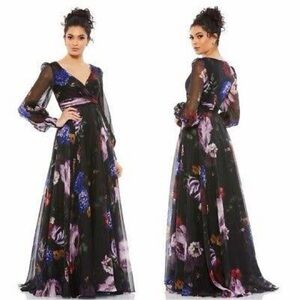 Mac Duggal Floral Print Chiffon Long Sleeve Maxi Dress 67872